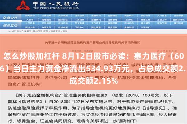 怎么炒股加杠杆 8月12日股市必读：塞力医疗（603716）当日主力资金净流出534.93万元，占总成交额2.15%